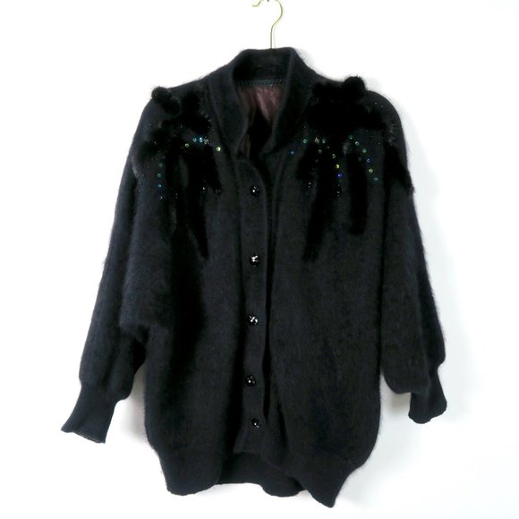 Vintage Black Fuzzy Button Up Cardigan M/L Japanese Sequin Fur Bead Embellished - Picture 1 of 10